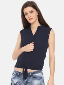 Deal Jeans Women Navy Blue Solid Shirt Style Top