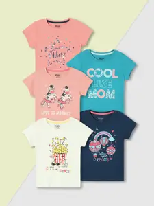Max Girls Pack of 5 Pure Cotton Graphic Printed T-Shirt