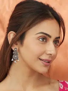 AccessHer Silver-Plated Stones Studded & Beaded Floral Antique Oxidised Drop Earrings