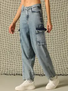 Hubberholme Women Relaxed Leg Loose Fit High-Rise Heavy Fade Cargo Jeans