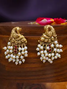Adwitiya Collection Gold Plated Stone Studded & Beaded Peacock Design Drop Earrings