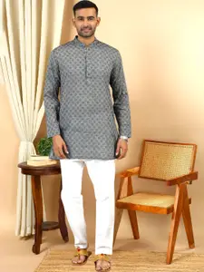 TATTVA Woven Design Mandarin Collar Thread Work Cotton Straight Kurta
