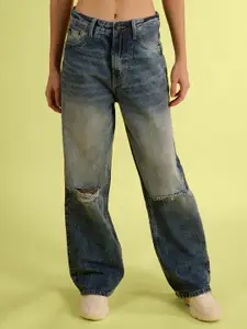 Bene Kleed Women Classic Relaxed Fit Slash Knee Heavy Fade Pure Cotton Jeans