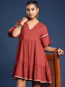 Taavi V-Neck Flared Sleeves Pure Cotton Bagru A-Line Ethnic Dress