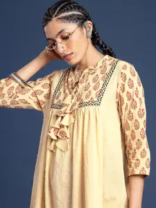 Taavi Bagru Ethnic Motifs Printed Yoke Design Tie-Up Neck Dobby Pure Cotton A-Line Kurta