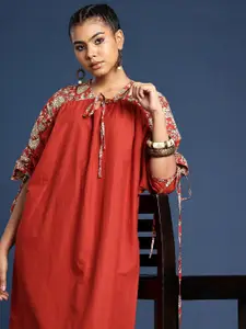 Taavi Floral Printed Tie-Up Neck Extended Sleeves Pure Cotton Bagru A-Line Kurta