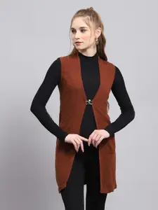 Monte Carlo Collarless Ribbed Front Open Longline Cardigan Sweater Comes With A Brooch