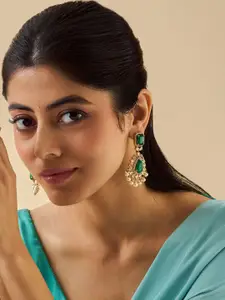 Kushal's Fashion Jewellery Embellished Bridal Kundan Studded Teardrop Shaped Drop Earrings