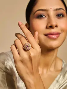 Kushal's Fashion Jewellery Gold-Plated Ruby Studded Adjustable Finger Ring