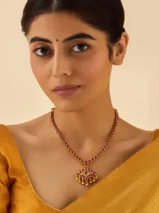 Kushal's Fashion Jewellery Embellished Bridal Silver Gold-Plated Stone Temple Necklace