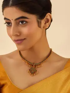 Kushal's Fashion Jewellery Embellished Bridal Silver Gold-Plated Stone Temple Necklace