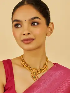 Kushal's Fashion Jewellery Embellished Bridal Silver Gold-Plated Temple Necklace