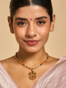 Kushal's Fashion Jewellery Embellished Bridal 92.5 Silver Navaratna Temple Necklace