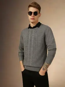 Dennis Lingo Cable Knit Self Design Crew Neck Slim Fit Pure Acrylic Pullover Sweater