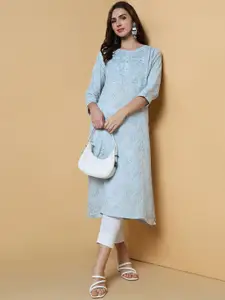 SHOWOFF Ethnic Motifs Printed Thread Work Indie Florals Cotton Straight Kurta