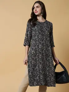 SHOWOFF Ethnic Motifs Printed Cotton Straight Kurta