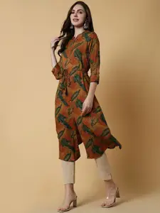 SHOWOFF Floral Printed Mandarin Collar Cotton A Line Kurta