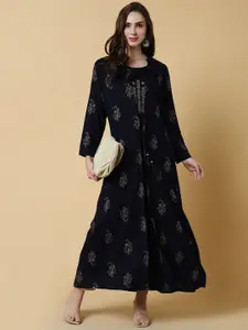 SHOWOFF Ethnic Motifs Printed Coton A Line Kurta With Shrug