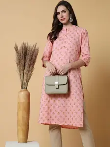 SHOWOFF Floral Printed Mandarin Collar Cotton Straight Kurta