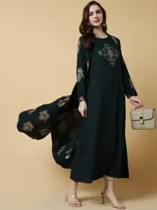SHOWOFF Ethnic Motifs Printed Sequinned A-Line Cotton Kurta With Shrug