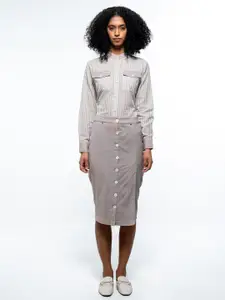 SOTBELLA Women Striped Band Collar Formal Shirt