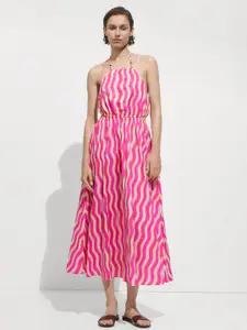 MANGO Pure Cotton Striped Cut-Out Halter Neck A-Line Maxi Dress