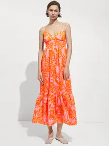 MANGO Tropical Print Pure Cotton Smocked Detail Shoulder Straps Empire Midi Dress