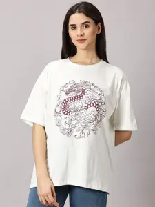 THE HOLLANDER Women Graphic Printed Cotton Drop-Shoulder Sleeves Oversized T-shirt
