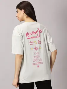 THE HOLLANDER Women Typography Printed Cotton Drop-Shoulder Sleeves Oversized T-shirt