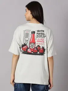 THE HOLLANDER Women Typographic Printed Cotton Drop-Shoulder Sleeves Oversized T-shirt