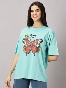 THE HOLLANDER Women Floral Printed Cotton Drop-Shoulder Sleeves Oversized T-shirt