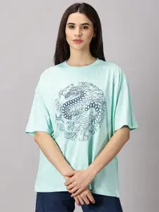 THE HOLLANDER Women Graphic Printed Cotton Drop-Shoulder Sleeves Oversized T-shirt