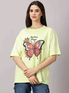 THE HOLLANDER Women Floral Printed Cotton Drop-Shoulder Sleeves Oversized T-shirt