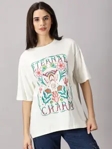 THE HOLLANDER Women Printed Cotton Drop-Shoulder Sleeves Oversized T-shirt