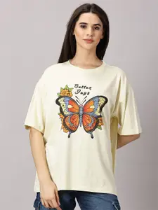 THE HOLLANDER Women Floral Printed Cotton Drop-Shoulder Sleeves Oversized T-shirt