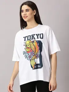 THE HOLLANDER Women Printed Cotton Drop-Shoulder Sleeves Oversized T-shirt