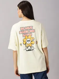 THE HOLLANDER Women Typography Cotton Drop-Shoulder Sleeves Oversized T-shirt