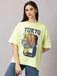 THE HOLLANDER Women Printed Cotton Drop-Shoulder Sleeves Oversized T-shirt