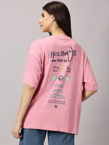 THE HOLLANDER Women Typography Printed Cotton Drop-Shoulder Sleeves Oversized T-shirt