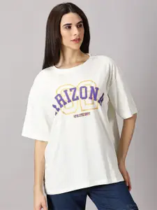 THE HOLLANDER Women Typography Printed Pure Cotton Oversized T-shirt