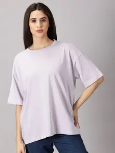 THE HOLLANDER Women Solid Cotton Drop-Shoulder Sleeves Oversized T-shirt