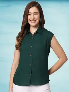 Funday Fashion Women Solid Spread Collar Sleeveless Casual Shirt