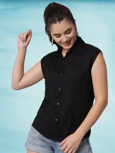 Funday Fashion Women Solid Spread Collar Sleeveless Casual Shirt