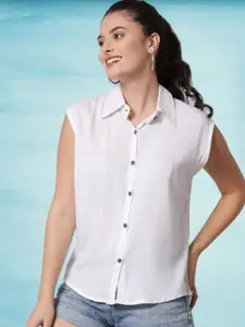 Funday Fashion Women Solid Spread Collar Sleeveless Casual Shirt