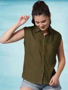 Funday Fashion Women Solid Spread Collar Sleeveless Casual Shirt