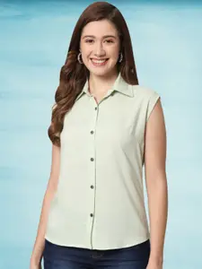 Funday Fashion Women Solid Spread Collar Sleeveless Casual Shirt