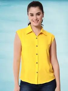 Funday Fashion Women Opaque Solid Spread Collar Sleeveless Casual Shirt