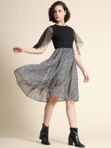 BAESD Textured Print Flared Sleeve Fit & Flare Dress