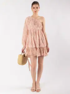Stylecast X Hersheinbox Abstract Print One Shoulder Puff Sleeve Fit & Flare Mini Dress