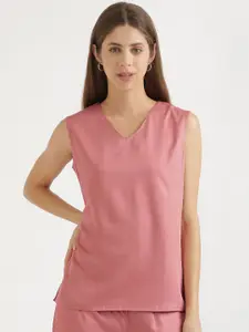 SAADAA Women V-Neck Solid Sleeveless Top